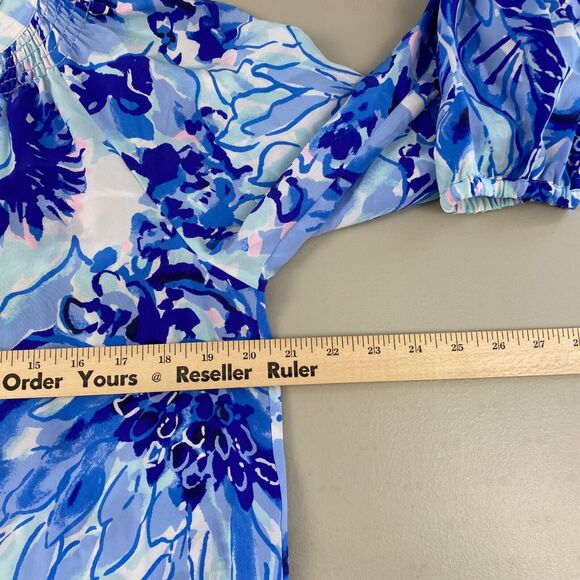 Lilly Pulitzer Top Womens Medium Silk Floral Blue Tang Flocking Fabulous NWOT - Picture 9 of 14
